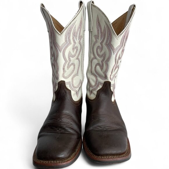 Laredo White Brown Square Toe Leather Western Cowboy Cowgirl Boots Women's 8 M - Picture 3 of 13